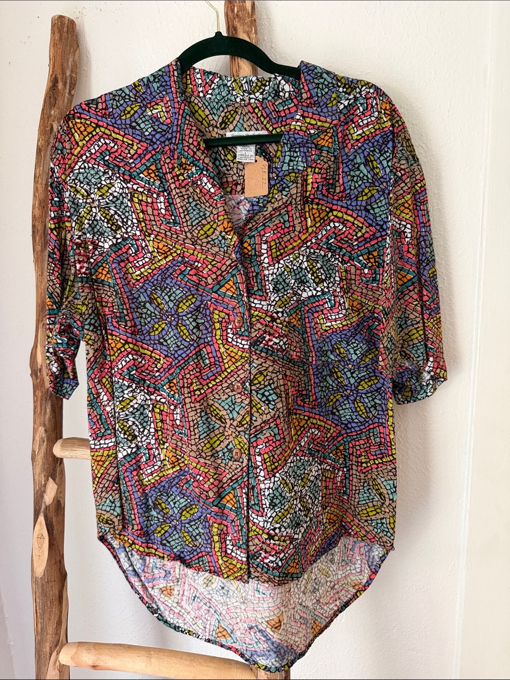 Express Vintage Multicolor Mosaic Print Button-Down Short Sleeve Rayon Shirt L